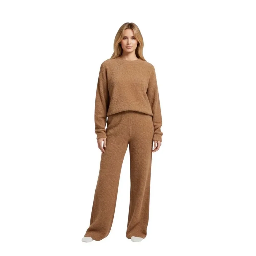 Cozy Tan Women's Plush 2-Piece Top & Pants Loungewear Set S - Picture 1 of 11